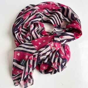100% Silk Scarf (feeling polyester) in black and white strips/ pink stars